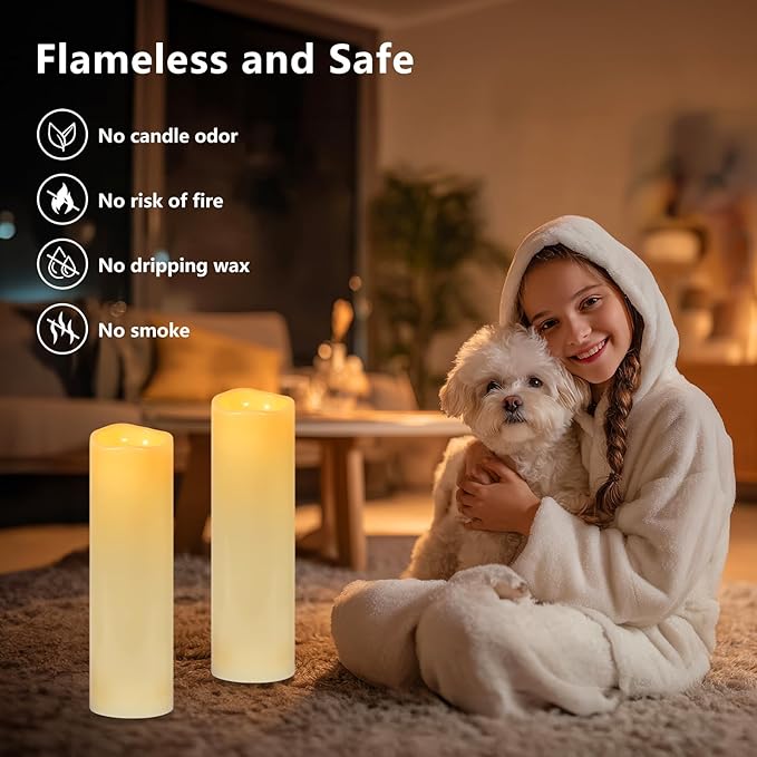 Kimjo 14" x 4" Large Outdoor Candles with Remote: Battery Operated LED Flameless Candles with Timer - Realistic Fake Waterproof Flickering Pillar Candles for Patio Porch Lanterns (Ivory 2 Pack)