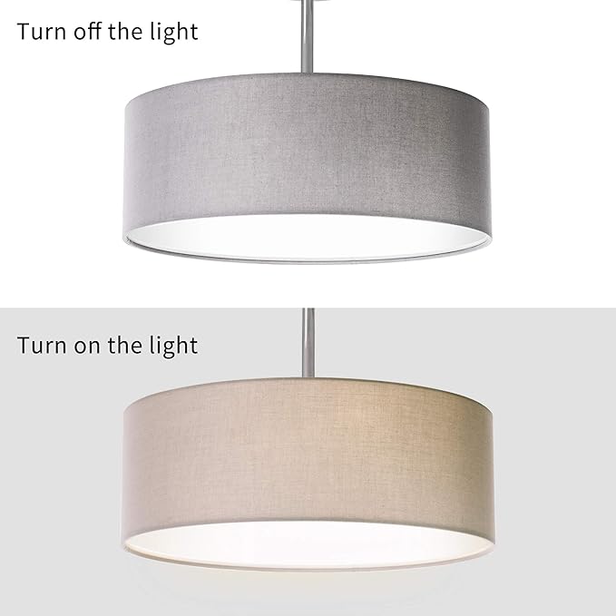 SomSom Ceiling Light, Semi-Flush Mount Modern Fabric Pendant Light Shade, Large Grey Drum Lampshade, Round Pendant Lamp, Lamps for bedrooms, Flush Chrome Matt, 3 Bulbs