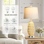 27" Beige Boho Rattan Lamps Set of 2, Coastal Natural Bedroom Table Lamps with Night Light, Woven Wicker Bedside Nightstand Lamp with USB A+C Charging Port, Farmhouse Lamp for Living Room