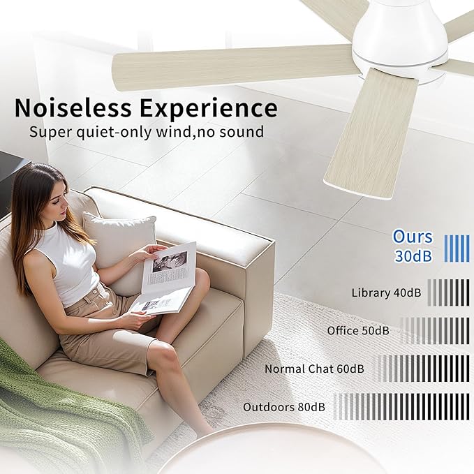 52 Inch White Ceiling Fans with Lights and Remote,LED Low Profile Flush Mount Ceiling Fan for Bedroom,Living Room, with Quiet DC Motor,Dimmable 6 Speeds
