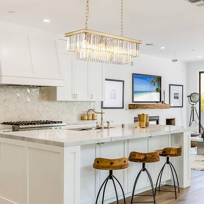 Gold Rectangular Chandelier 31.5 Inch - 8-Light Luxury Modern Crystal Pendant Height-Adjustable Lighting Fixture for Dining Room, Kitchen Island & Bar - Premium K9 Crystals(Gold, L-31.5")