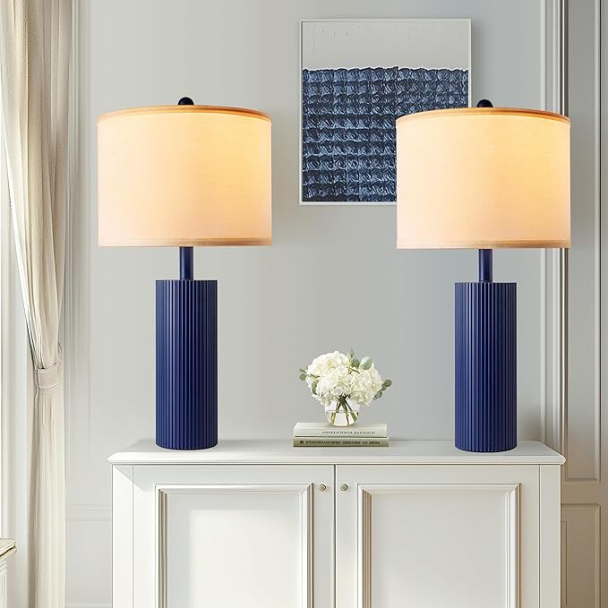 24.5" Blue Table Lamps Set of 2, Modern Living Room Touch Lamps with USB C+A Ports, 2 Bulbs Included, Table Light Fixture for Nightstand, Creative Stripe Bedside Lighting