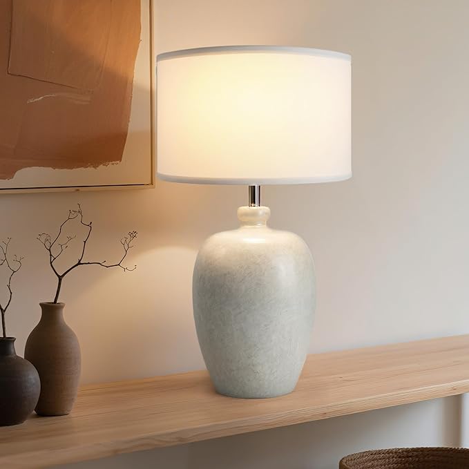 WJShome 27" Farmhouse Ceramic Table Lamp with Unique Ice Pattern Effect and White Linen Shade - Perfect for Bedroom, Living Room, Dining, and Office! (Bulb Not Included)