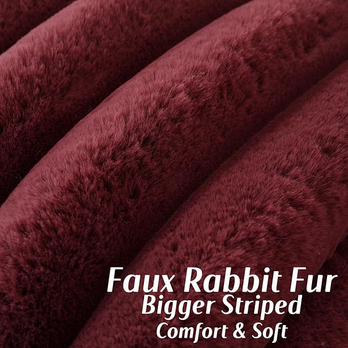 FUTEI Burgundy Decorative Throw Pillow Covers 18x18 Inch Set of 2, Square Soft Faux Rabbit Fur Big Striped Cushion Cover,Home Decor for Couch Sofa Bed Living Room