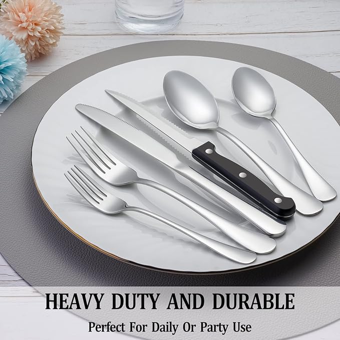 24 Pcs Silverware Set with Steak Knives Service for 4,Stainless Steel Flatware Set,Mirror Polished Cutlery Utensil Sets,Home Kitchen Eating Tableware Sets,Include Fork Knife Spoon,Dishwasher Safe