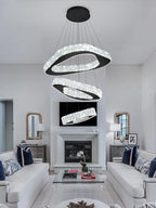 Modern Black Chandelier Adjustable 3 Rings Crystal Chandelier for Living Room Foyer Stairwell Lighting High Ceiling Light Dimmable 2700K-6000K