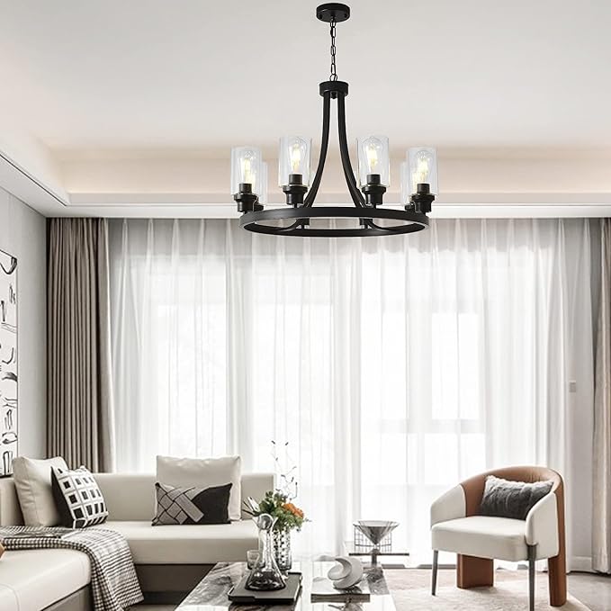 Black Chandelier 8 Lights, Kitchen Island Lighting Industrial Chandelier with Clear Glass Shade, Farmhouse Pendant Light for Dining Room Living Room Bedroom