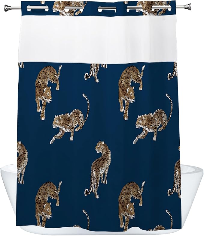 Boho Leopard Cheetah Theme no hook Tropical Forest Wildlife Animal Shower Curtain with Snap in Fabric Liner Set, Detachable Liner,See Through Mesh Top Window,Waterproof Washable 72"W x 74"H
