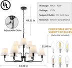 Black Chandeliers for Dining Room with White Fabric Shades,33”Light Fixture Chandelier,9-Lights foyer chandeliers for high ceilings,2 Tiered Lantern Farmhouse Pendant Light for Living Room,Entryway