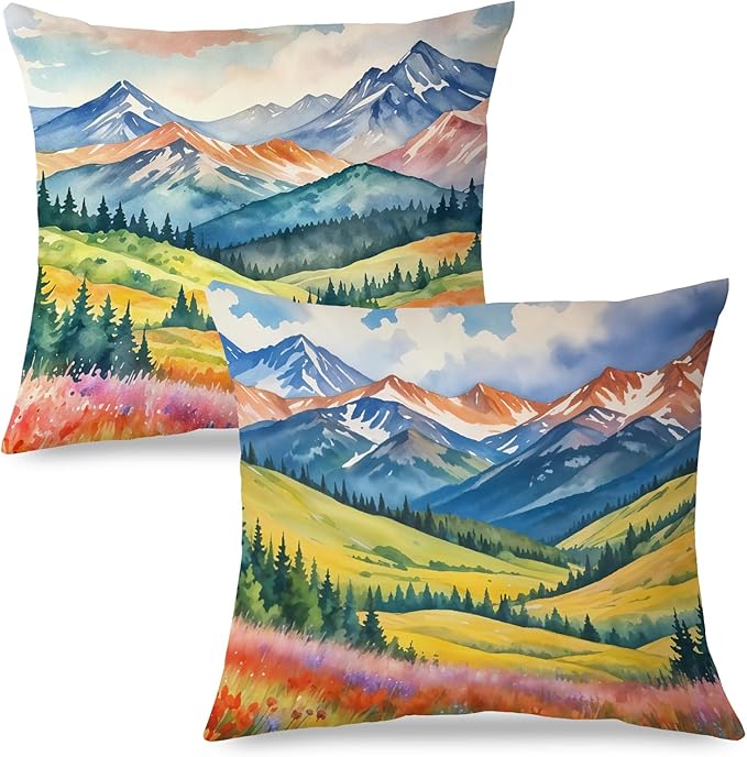 JINYO Watercolor Wildflower Mountain Scenery Pillow Covers 18x18 Set of 2, Maximalist Vibrant Nature Landscape Decorative Pillow Covers for Living Room Bedroom Home, Nature Room Decor