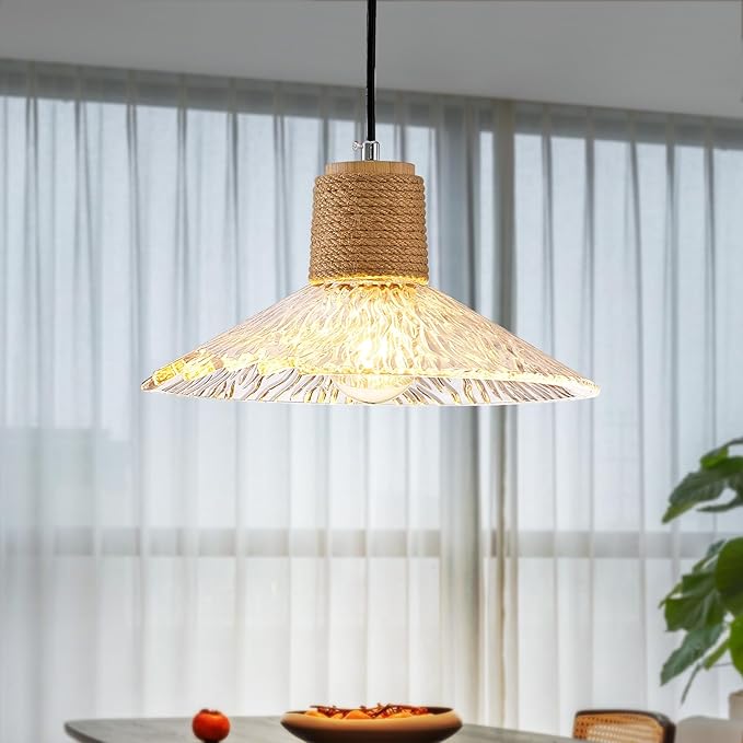 Pendant Light with Clear Striped Glass Lampshade, Farmhouse Hemp Rope Vintage Chandelier, Adjustable Height Hanging Rustic Light Fixture for Dining Room Living Room Hallway