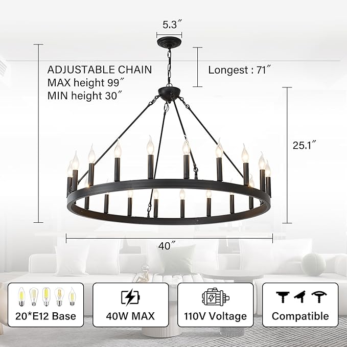 Black Wagon Wheel Chandelier 40 inch,20-Light Farmhouse Wagon Wheel Chandeliers Round Industrial Ceiling Light fixtures for Outdoor Porch high Ceilings Living Dining Room Foyer Entryway