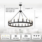 Black Wagon Wheel Chandelier 40 inch,20-Light Farmhouse Wagon Wheel Chandeliers Round Industrial Ceiling Light fixtures for Outdoor Porch high Ceilings Living Dining Room Foyer Entryway