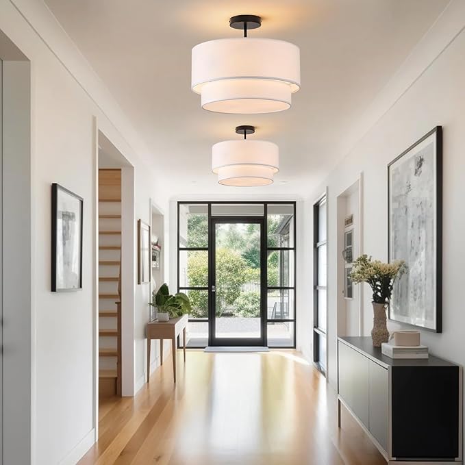 3-Light Semi Flush Mount Ceiling Light Fixture, 16 inch Drum Light Fixture with 2-Layer White Drum Fabric Shade, Entryway Ceiling Light Fixtures for Bedroom Dining Room