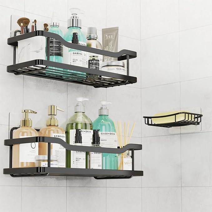 OMAIRA 3-Pack Shower Caddy with Soap Holder, Adhesive Rustproof No-drill Strudy Loading Inside Shower Organizer Shelves Rack Storage Bathroom Organization for Smooth Wall Glass Tile, Black (X-Large)