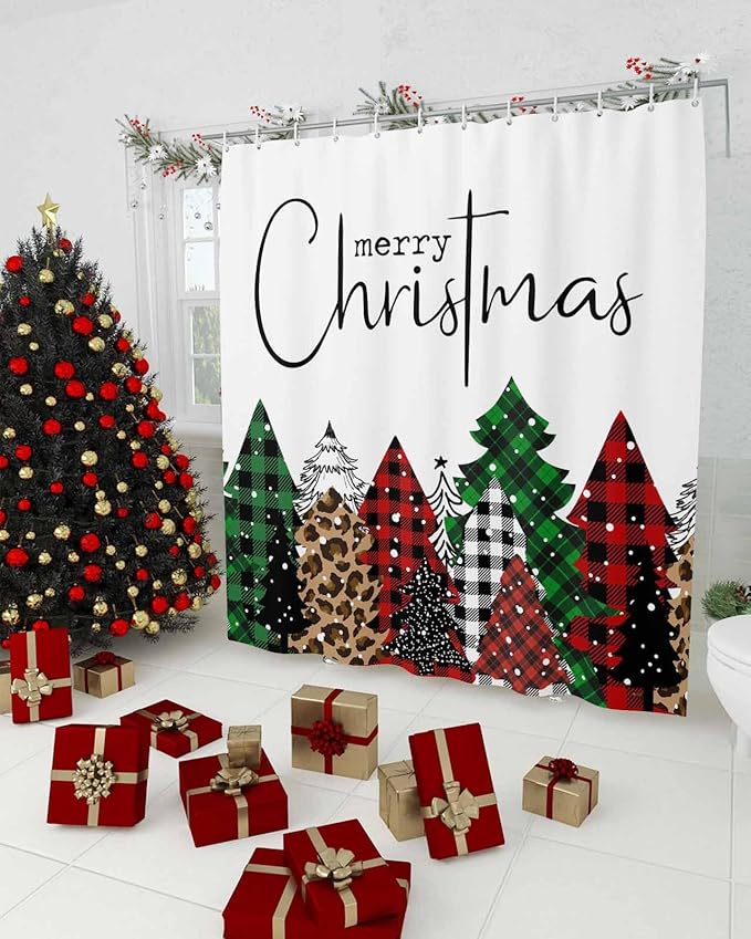 Merry Christmas Shower Curtain, Buffalo Plaid Xmas Tree Winter Forest Farmhouse Shower Curtains Set with Hooks, Red Green Waterproof Fabric Bathroom Curtains Decor Home Accessories,Stall 36 X 72 Inch