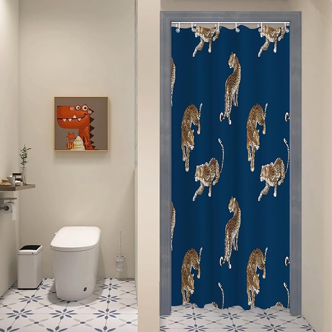 Boho Leopard Cheetah Shower Curtain Theme Bathroom Bathtubs Fabric Tropical Forest Wildlife Animal Shower Curtain Set with 12 Hooks 36 x 72 inches Polyester Machine Washable, Brown Black and Blue
