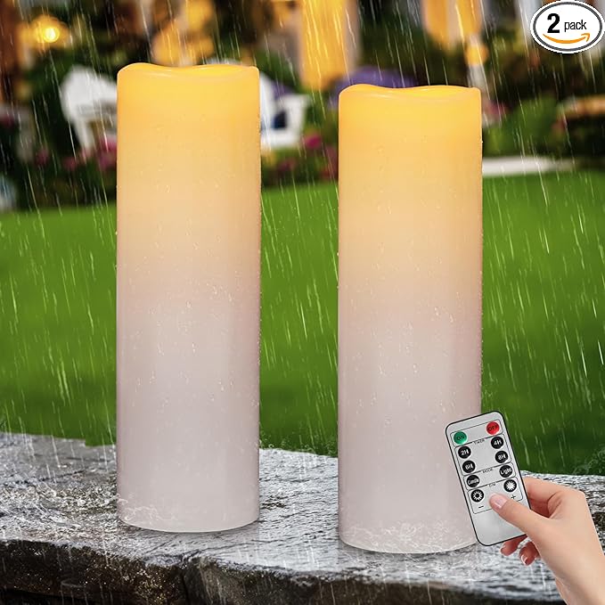 Kimjo 14" x 4" Large Outdoor Candles with Remote: Battery Operated LED Flameless Candles with Timer - Realistic Fake Waterproof Flickering Pillar Candles for Patio Porch Lanterns (White 2 Pack)