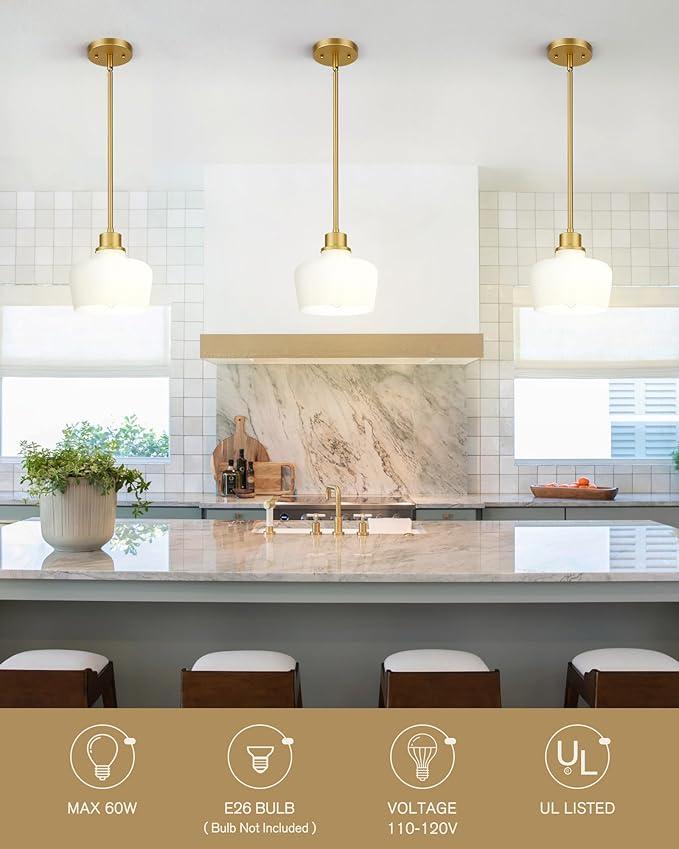 Emak Modern Pendant Lights Kitchen Island, 8 Inch Gold Pendant Light with Milk Glass Shade, Hanging Light Fixture for Kitchen Island, Dining Room, Bathroom, Bedroom, PL122-GD-ML