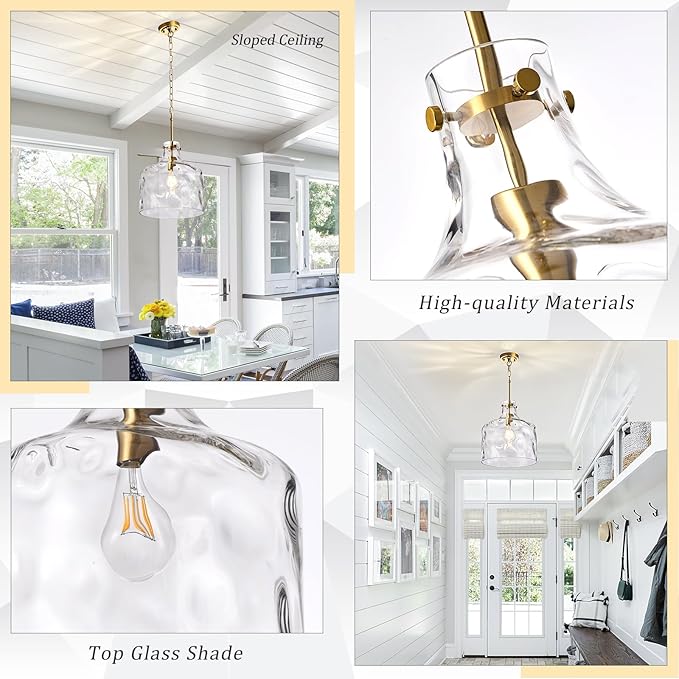 16" Extra Large Farmhouse Pendant Light – Hand-Blown Hammered Glass Shade, Gold Finish, Adjustable Chain Ceiling Light for Kitchen Island, Dining Room, Hallway