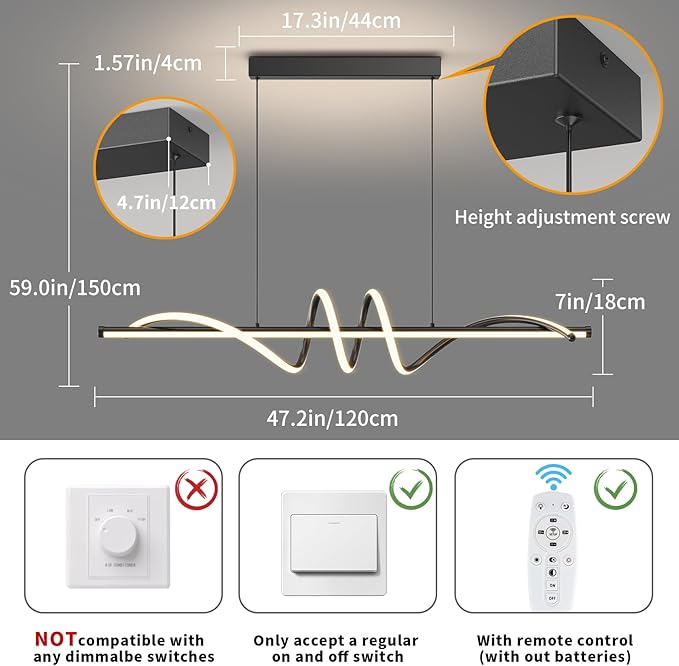 Modern LED Pendant Lights, 47in Chandelier Dimmable with Remote Control 3000k-6000K Adjustable Color Temperature, Aluminum Island Lighting Lamp Fixture for Kitchen, Dining Room, Billiard Room