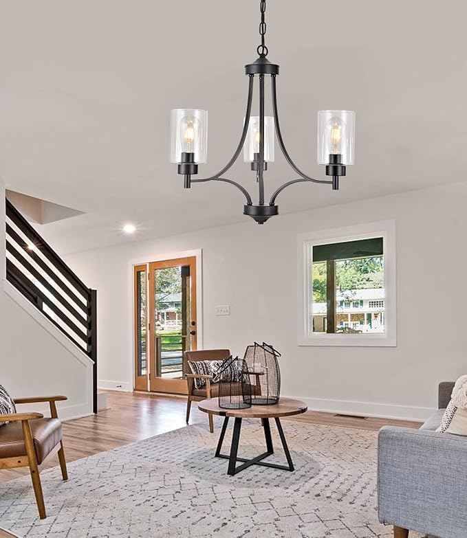 3 Lights Black Traditional Chandelier Rustic Kitchen Island Lighting Fixtures Hanging Clear Glass Cylinder Pendant Lights Classic Ceiling Light for Dining Room Bedroom Foyer