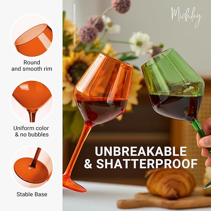 MICHLEY Colored Wine Glasses Set of 6 Long Stem Red White Tritan-Plastic Glassware Gift 15oz for Outdoor Home Party, Orange