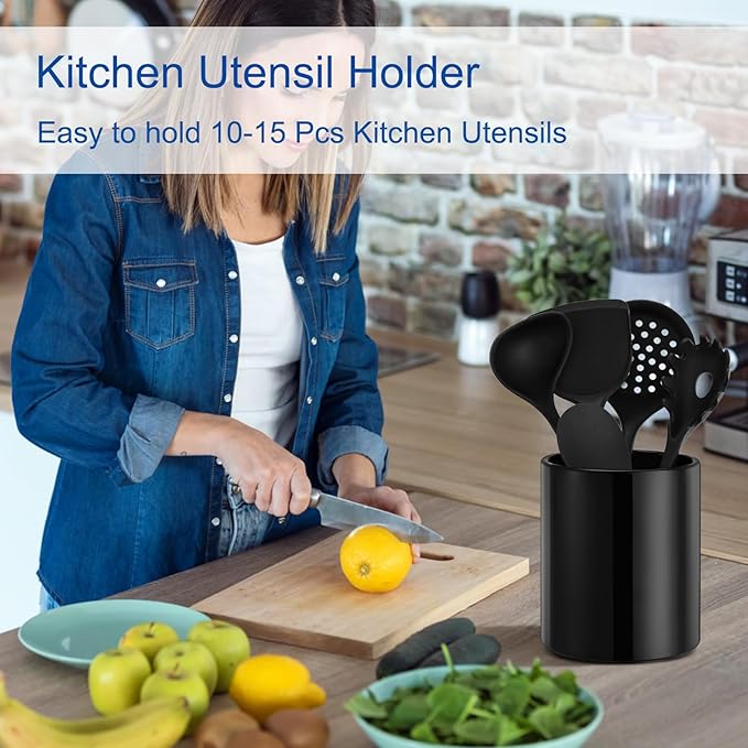 Kitchen Utensil Holder for Countertop, Ceramic Cooking Utensil Holder for Kitchen Counter, Modern Spatula Holder Utensil Organizer, 6.5”H x 5.5”D Black
