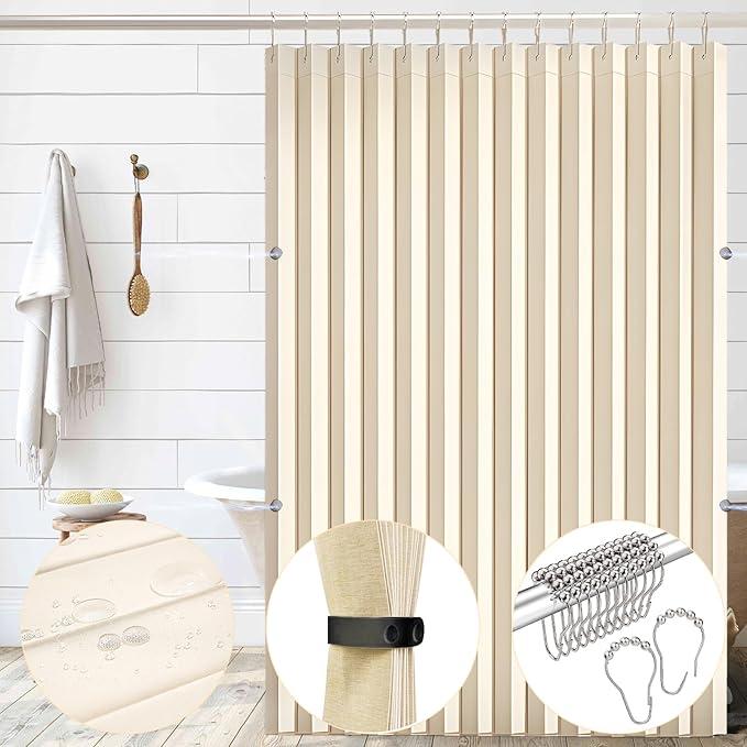 South to East Waterproof Shower Curtain, Heavy Duty Magnetic Folding Linen Shower Curtain, Non-Toxic, 72x80 Magnetic Fabric Bathroom Curtain Sets, Beige