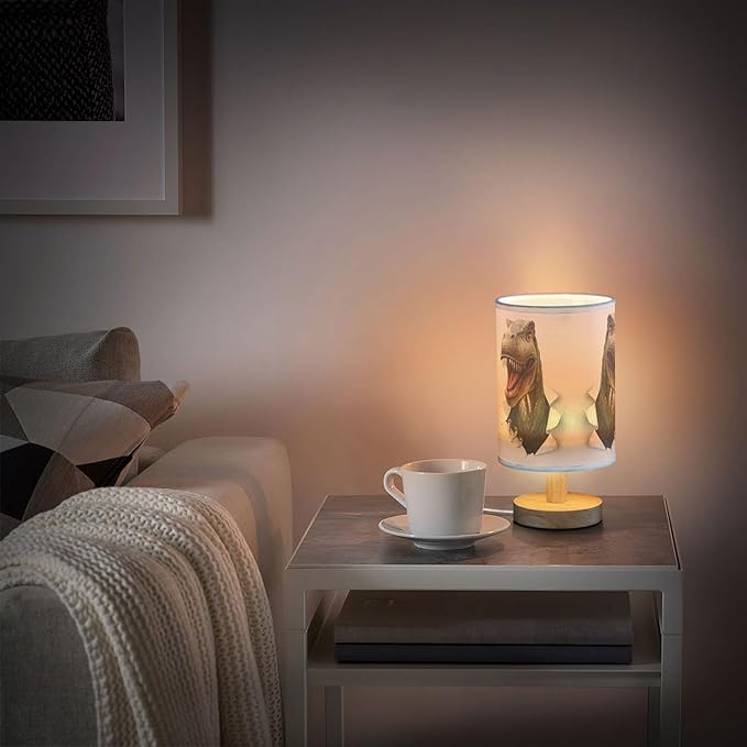 Table Lamp Dinosaur T-rex in Paper Hole Nightstand Lamp with Wood Base Fabric Lamp Shade Bedside Desk Lamp for Living Room Bedroom Kids Room Office