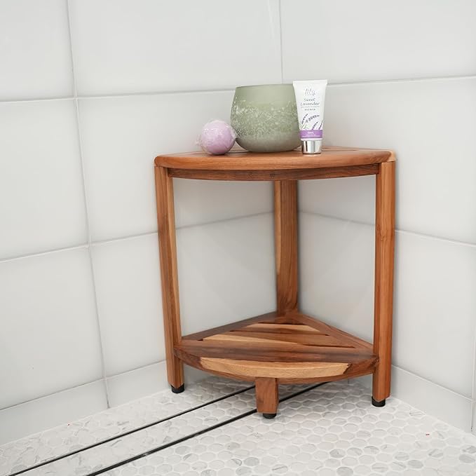 EcoDecors SnazzyCorner 18" Teak Wood Corner Shower Shelf, Fully Assembled | Loveable Teak Oil Spray Bottle, 24 oz | Loveable Teak Cleaner 32 oz