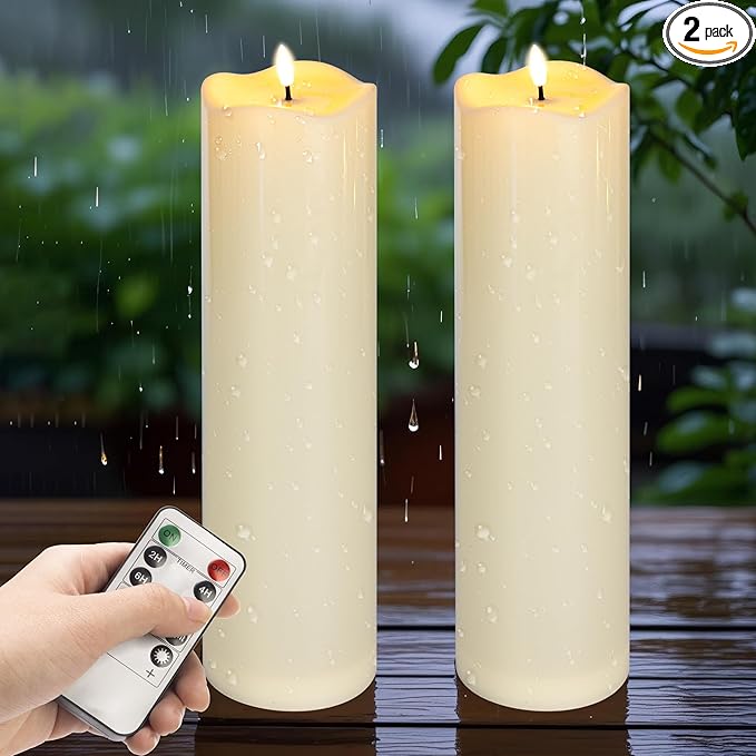 2pack 4"*14" Large Outdoors Flameless Candles Battery Operated with Remote & Timer, Waterproof Plastic LED Flickering Pillar Candles for Home Decoration, Weddings, Ivory
