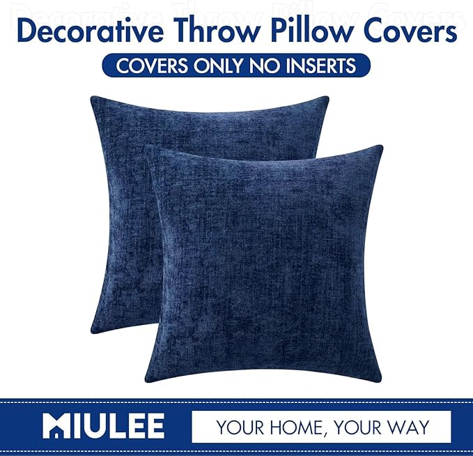 MIULEE Pack of 2 Couch Throw Pillow Covers 20x20 Inch Spring Soft Dusty Blue Chenille Pillow Covers for Sofa Living Room Solid Dyed Pillow Cases