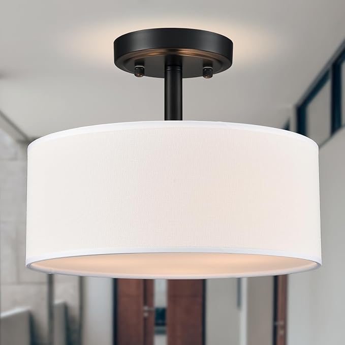 Modern Black Light Fixture Ceiling Mount Flush Mount Drum Ceiling Light Fixture 3 Light Semi Flush Mount Ceiling Light for Hallway Bedroom Entryway Foyer Office