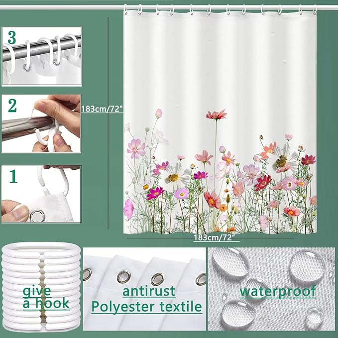 Flower Shower Curtain - Waterproof Bathroom Fabric Shower Curtain, 72" W x 72" L, Cloth with 12 Hooks