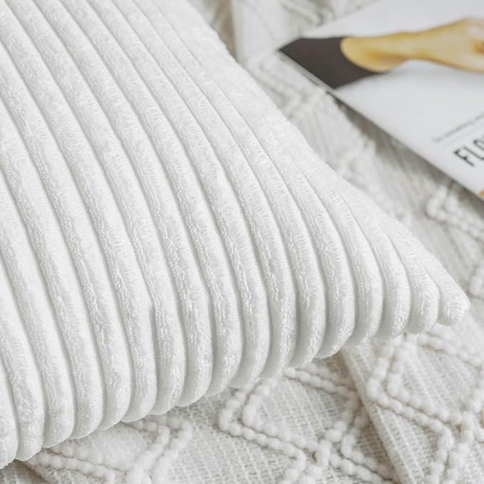 MIULEE Winter Pack of 2 Corduroy Pillow Covers Soft Soild Striped Throw Pillow Covers Set Decorative Square Cushion Cases Pillowcases for Couch Sofa Bedroom Living Room 16 x 16 Inch Pure White