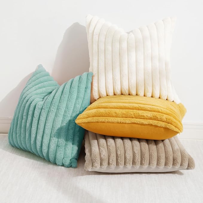 decorUhome Faux Fur Throw Pillow Covers 12x20 Set of 2, Decorative Soft Plush Striped Lumbar Neutral Couch Euro Pillow Covers with Velvet Back for Sofa, Bed, Living Room Home Decor, Aqua