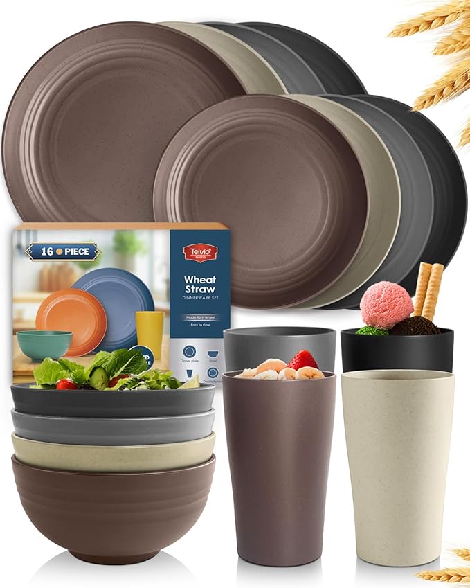Teivio 16-Piece Kitchen Plastic Wheat Straw Dinnerware Set, Service for 4, Dinner Plates, Dessert Plate, Cereal Bowls, Cups, Unbreakable Plastic Outdoor Camping Dishes, Coastal Multicolor