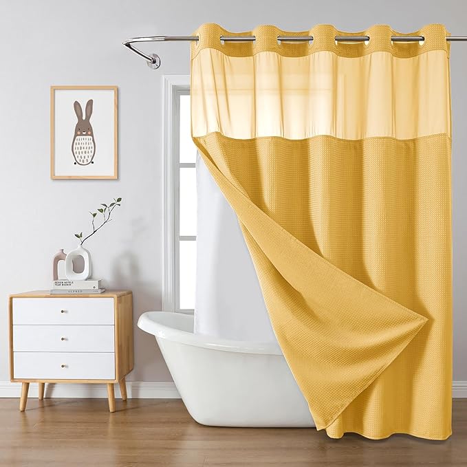 Gold No Hook Waffle Weave Shower Curtain with snap-in Liner Replacement, 230GSM Waterproof Fabric Hotel Shower Curtain Set for Bathroom, Through Mesh Top Window,71Wx86H