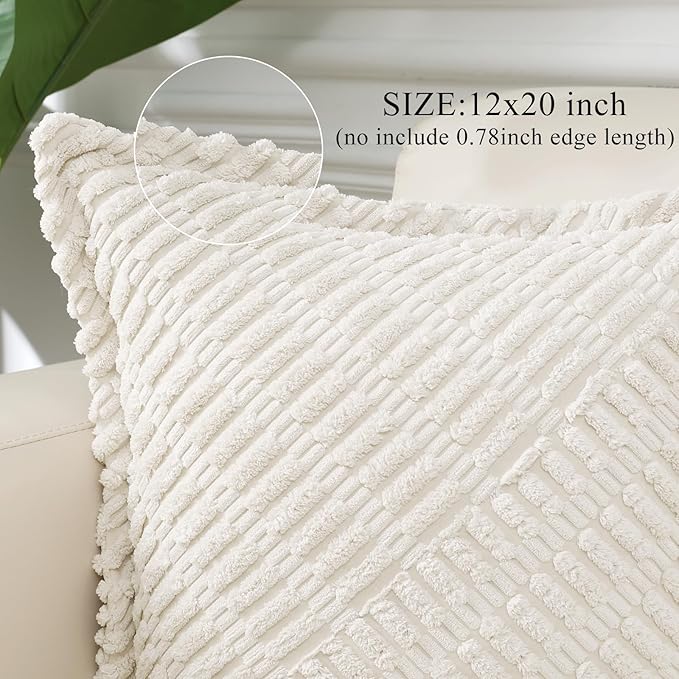 decorUhome Decorative Cream White Fall Throw Pillow Covers 12x20 Set of 2 with Splicing, Boho Lumbar Soft Neutral Corduroy Broadside Twill Pillow Covers for Couch Bed Sofa Living Room