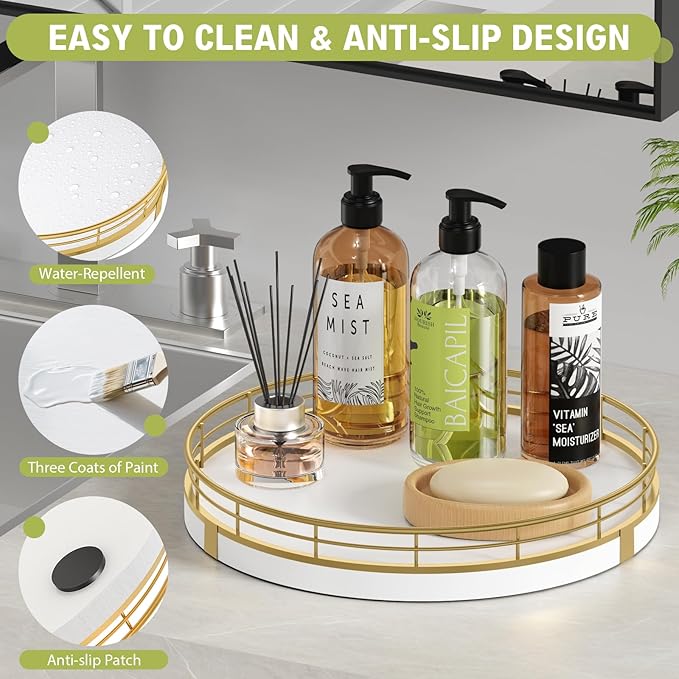 Bathroom Vanity Tray Wood - 10" Round Bathroom Tray Countertop, Holds Perfume Soap Dispenser Cosmetics Key Trinket Ring - Decor Counter Tray for Kitchen Nightstand Entryway, White and Gold