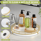 Bathroom Vanity Tray Wood - 10" Round Bathroom Tray Countertop, Holds Perfume Soap Dispenser Cosmetics Key Trinket Ring - Decor Counter Tray for Kitchen Nightstand Entryway, White and Gold