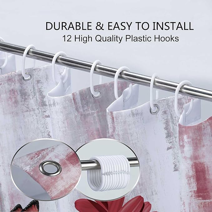 Rustic Farmhouse Shower Curtain, Farm Red Daisy Floral Flowers and Butterfly on Country Wooden Shower Curtain for Bathroom, Light Burgundy Gray Grey Shower Curtain with 12PCS Hooks, 70X84IN