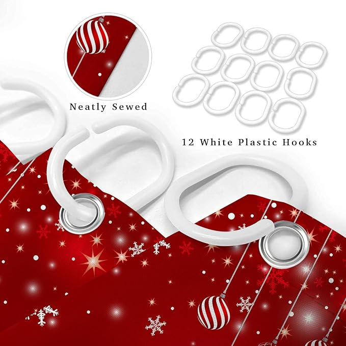 Red Christmas Shower Curtain Set, Merry Christmas Ball Winter Snowflakes Glitter Sparkle Shower Curtain for Bathroom Xmas Holiday Decor, Durable Fabric Machine Washable with Hooks, 72 x 72 Inches