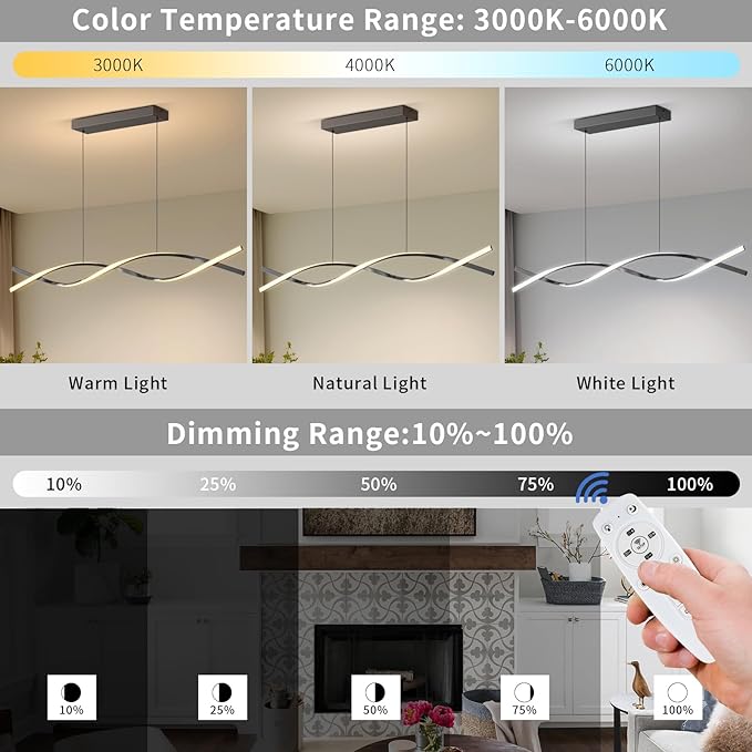 Modern LED Pendant Lights, 47in Chandelier Dimmable with Remote Control 3000k-6000K Adjustable Color Temperature, Aluminum Island Lighting Lamp Fixture for Kitchen, Dining Room, Billiard Room