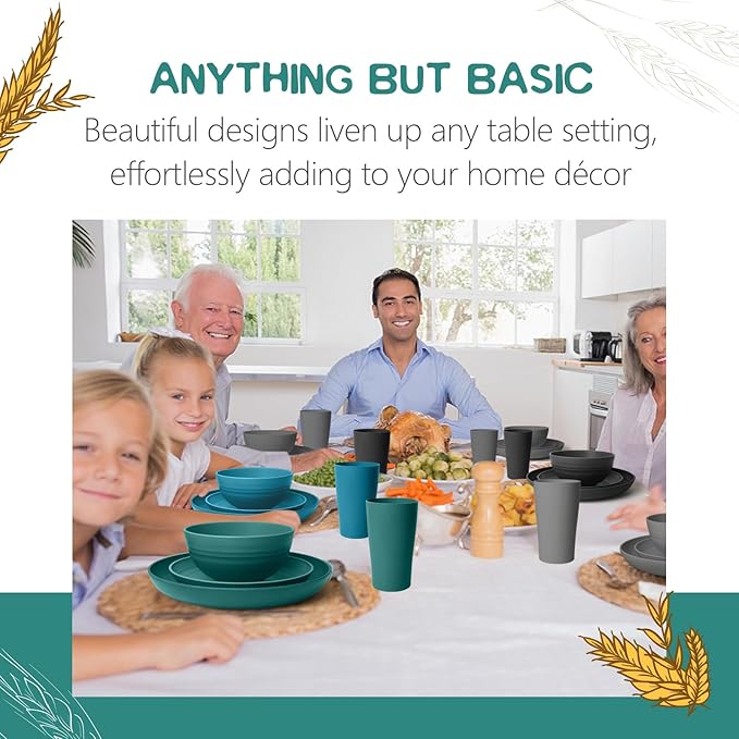 Teivio 16-Piece Kitchen Plastic Wheat Straw Dinnerware Set, Service for 4, Dinner Plates, Dessert Plate, Cereal Bowls, Cups, Unbreakable Plastic Outdoor Camping Dishes, Coastal Multicolor