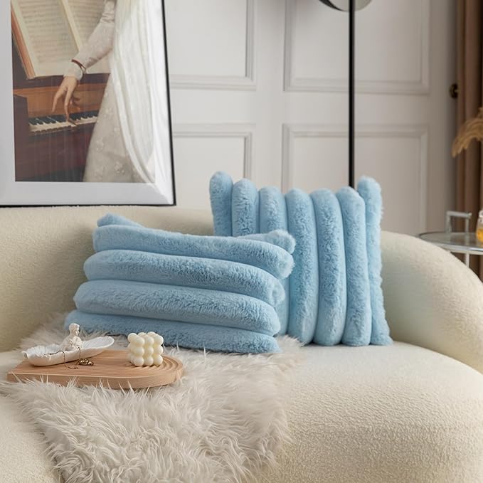 Neelvin Blue Faux Fur Cozy Soft Striped Decorative Throw Pillow Covers 20x20 inch Set of 2,Velvet Pillowcase Cushion Case for Sofa Couch