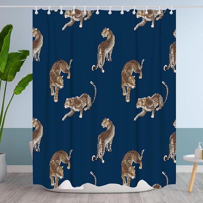Boho Leopard Cheetah Shower Curtain Theme Bathroom Bathtubs Fabric Tropical Forest Wildlife Animal Shower Curtain Set with 12 Hooks 72 x 84 inches Polyester Machine Washable, Brown Black and Blue