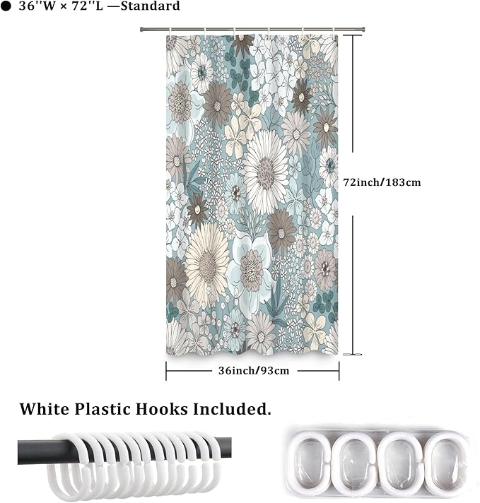 Floral Shower Curtain Rustic Various Floral Plant Curtain for Bathroom Tropical Botanical Farmhouse Waterproof Decor Shower Curtain with Hooks 36x72Inch