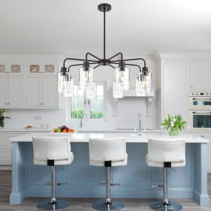 VINLUZ 8-Light Oil-Rubbed Chandelier with Clear Glass Shades, E26 Base Modern Pendant Light Fixture, Adjustable Swivel Heads Ceiling Lighting, Farmhouse Chandelier for Dining Room Kitchen Hallway